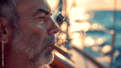 An elderly man with a cigar on the deck.
