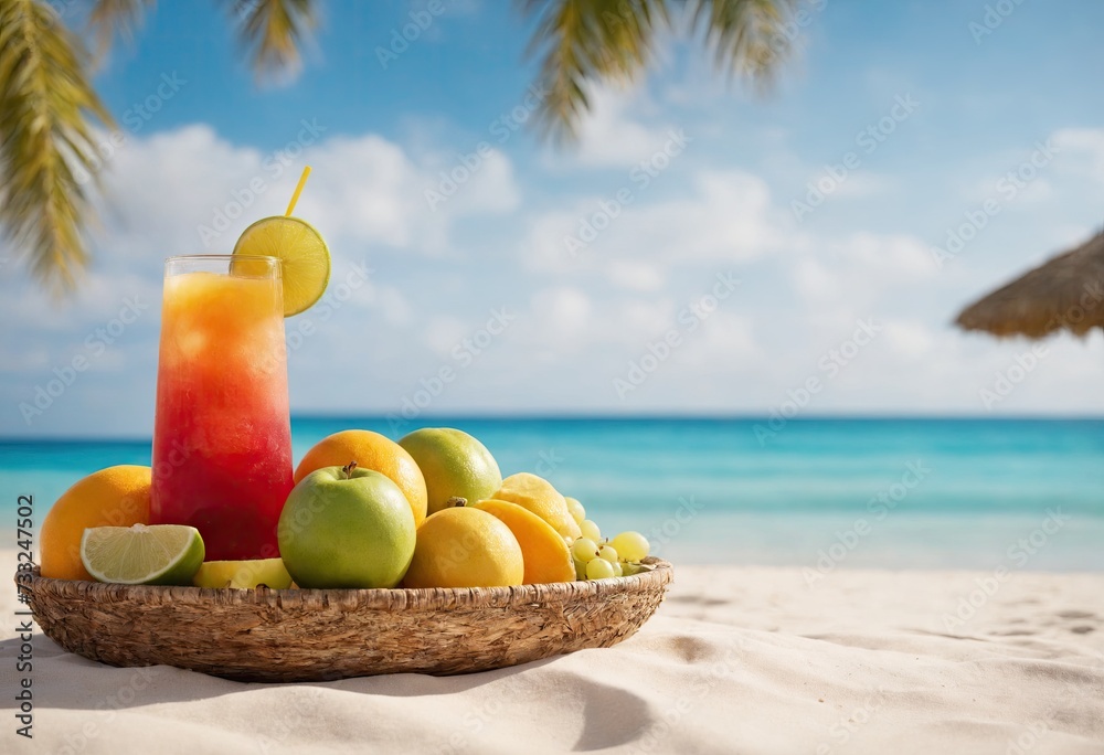 Fresh tropical red cocktail and fruits on wicker tray, stands on sand, on ocean shore in shade of palm trees. Refreshment exotic drinks. Paradise summer vacation. Generative Ai