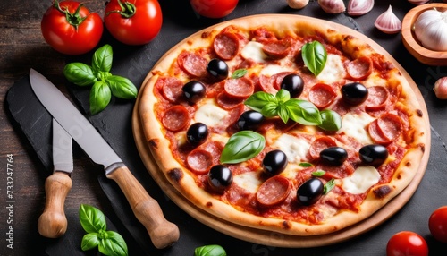 A pizza with olives and basil on top