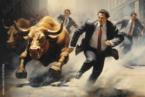 businessmen chasing a bull 