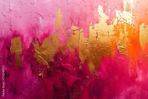 An abstract painting featuring a combination of gold and pink colors.