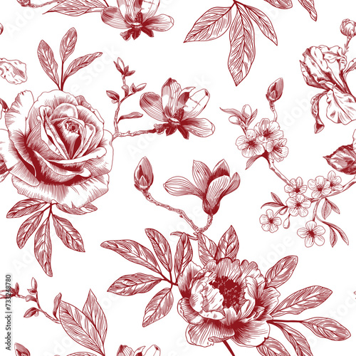 Abstract modern floral seamless pattern with hand drawn flower in Toile de jouy style. Retro elegance repeat print. Vintage design for fabric, wallpaper or wrapping