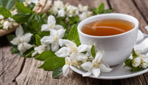 A white cup of tea with flowers on a wooden table