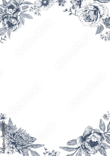 Botanical blue wedding frame or wreath on white background. Hand drawn floral, flower, leaf branch in toile de jouy style. Line art for wedding, monogram, invitation, greeting, logo, birthday cards