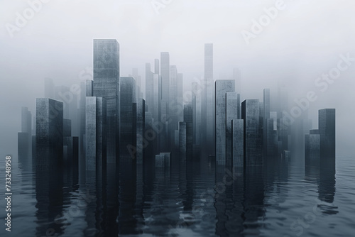 Abstract cityscape concept with buildings on dark water.