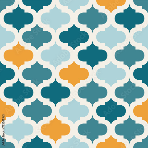 Arabic geometric mosaic printable seamless pattern with abstract Moroccan print in blue and orange colors. Ramadan Kareem Traditional Islamic art Illustration background