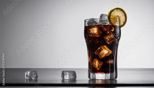 A glass of soda with ice and a lemon wedge