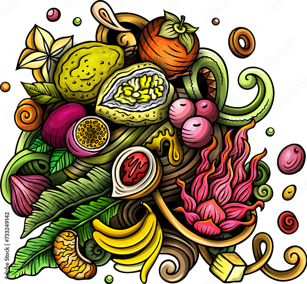 Exotic Fruits cartoon doodles illustration