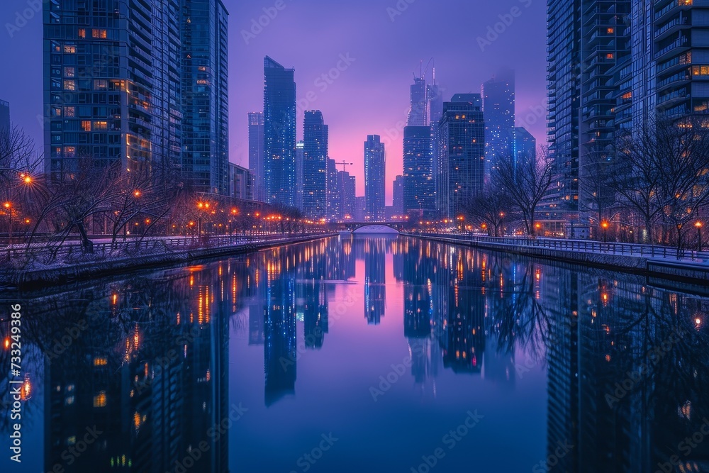 Fototapeta premium Mirrored Cityscape on the River at Dawn