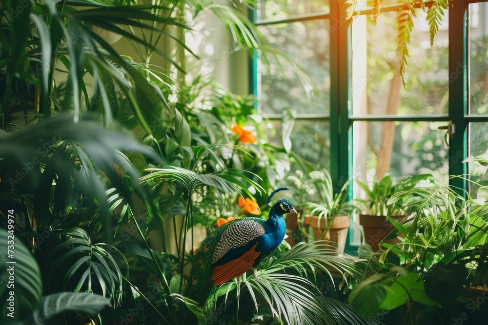 Obraz premium A magnificent peacock sitting on top of a vibrant green plant, displaying its colorful plumage.