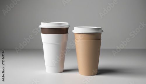 Two coffee cups, one white and one brown, sitting on a white table