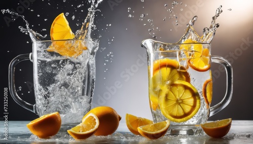 A glass of water with lemon slices and a glass of water with orange slices