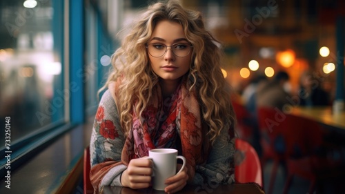 A woman is sitting at a table, holding a cup of coffee.