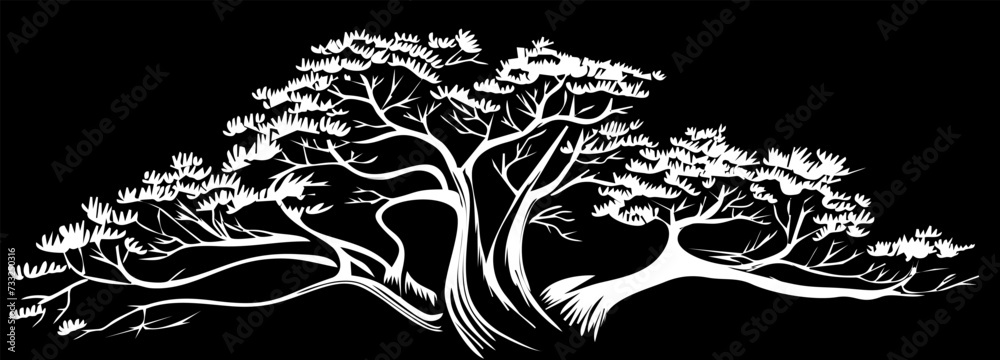 black and white drawing of a tree, figuration libre, black and white vector art, beautiful high contrast woodcut, curved trees