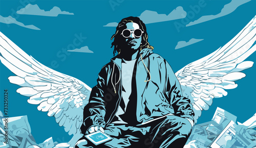 Angel man sitting on a pile of money, vector art, landscape art, flat drawing, horizontal, vector illustration