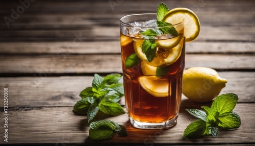 A glass of tea with lemon and mint