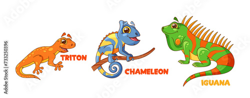 Cartoon Lizards Triton  Chameleon and Iguana  Feature Vibrant Colors  Large Eyes and Tongues  Playful Expressions
