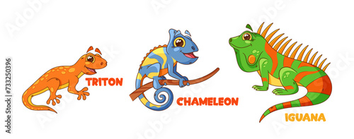 Cartoon Lizards Triton, Chameleon and Iguana, Feature Vibrant Colors, Large Eyes and Tongues, Playful Expressions