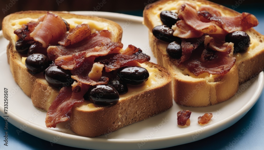 Two slices of toast with bacon and olives Two slices of toast with bacon and olives
