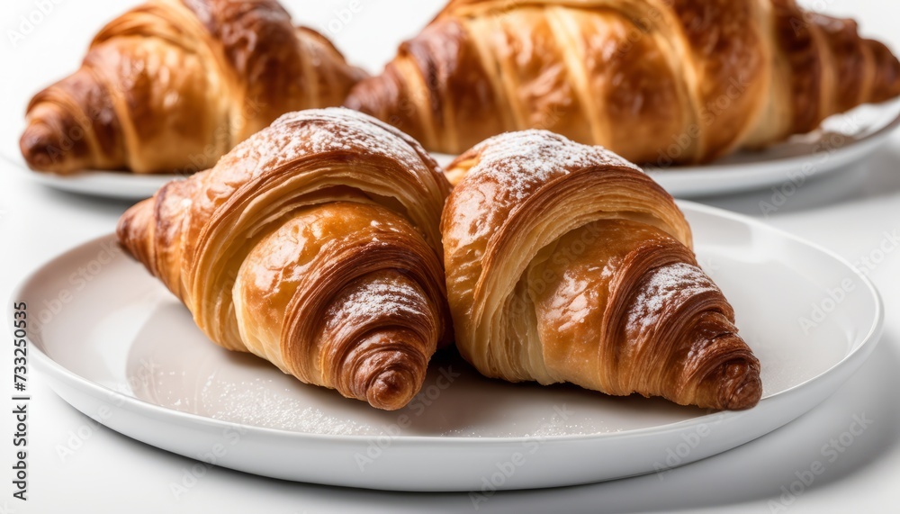 A plate of three croissants with powdered sugar A plate of three croissants with powdered sugar
