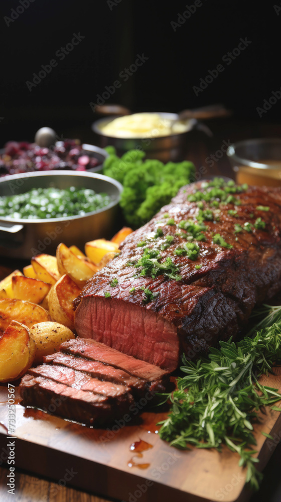 Roasted beef tenderloin, a large piece of baked meat on the holiday table.