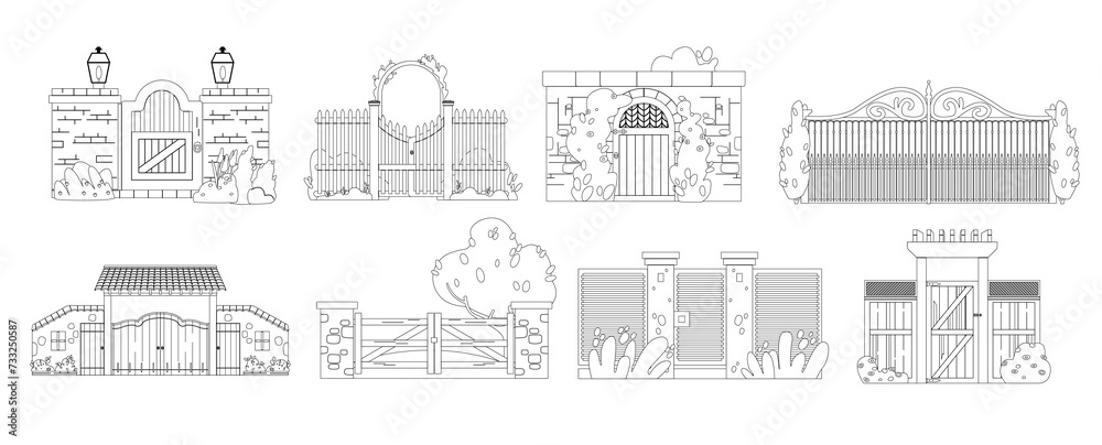 Architectural Outline Monochrome Vector Icons Set. Fences Are Barriers Enclosing Boundaries, Offering Security