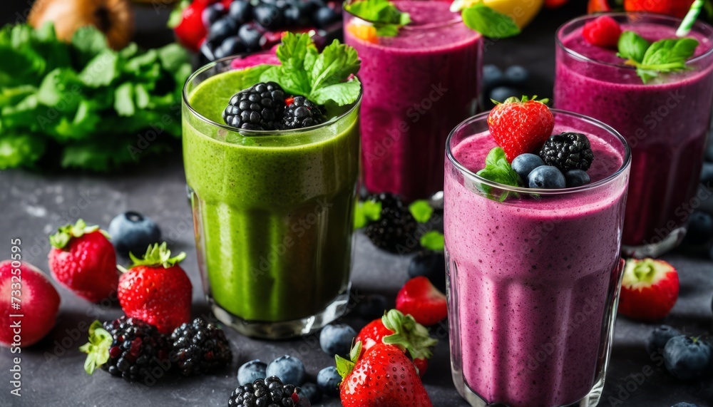 Three glasses of fruit smoothies with strawberries and blueberries Three glasses of fruit smoothies with strawberries and blueberries