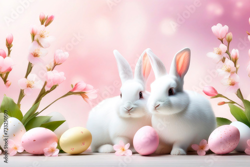 Easter holiday concept. Happy easter greeting card with bunnys, colourful eggs and cherry blossoms. © elena_hramowa
