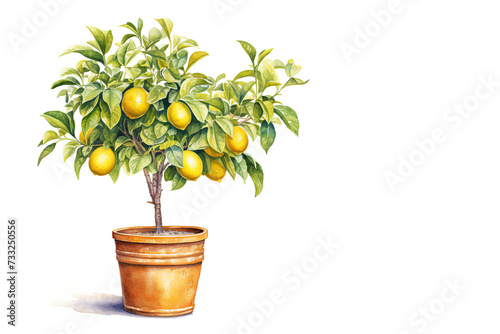 Standard lemon tree in a terracotta pot. Digital watercolour on white background with space for text.