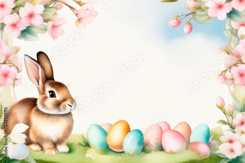 Easter holiday concept. Happy easter greeting card with bunny, colourful eggs and apple blossoms. Watercolor.