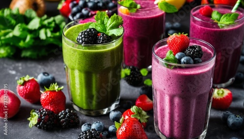 Three glasses of fruit smoothies with strawberries and blueberries