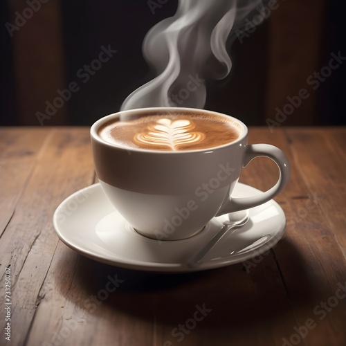 Steaming cup of coffee on a wooden table