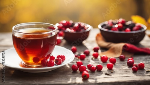 A cup of tea with red berries and leaves