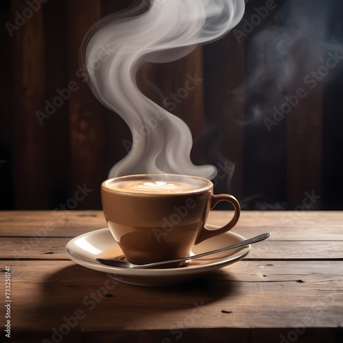 A steaming cup of coffee served on a wooden table.
