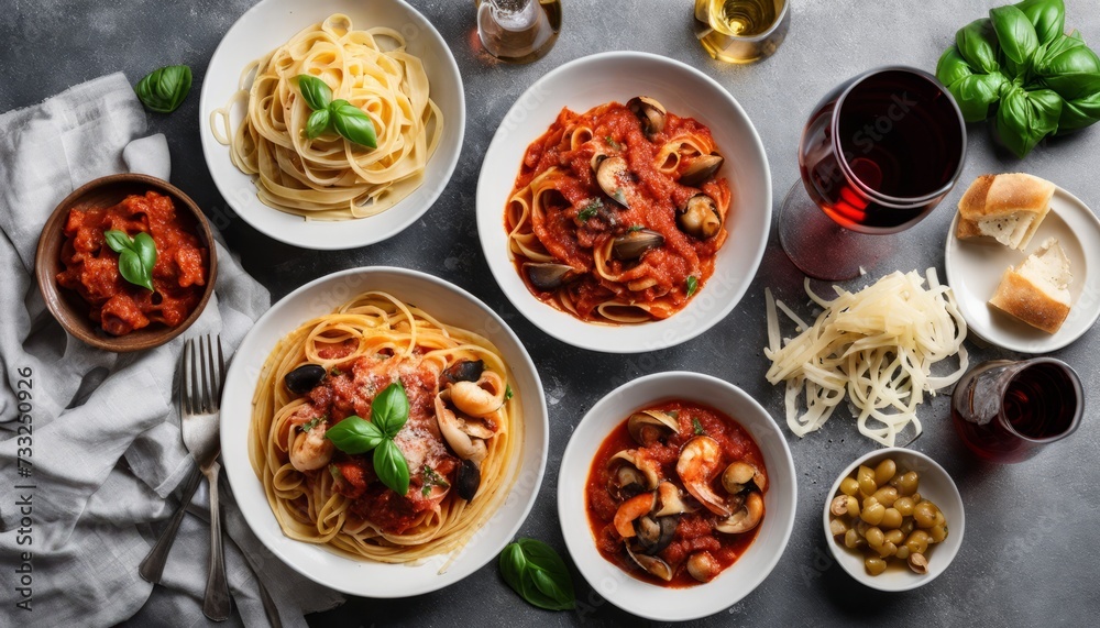 A table full of Italian food including pasta, mushrooms, and wine