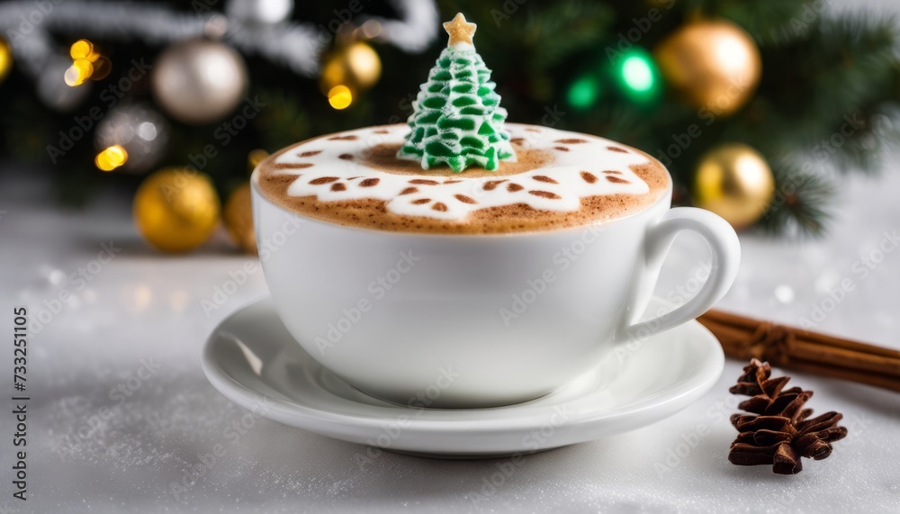 A cup of coffee with a christmas tree on top A cup of coffee with a christmas tree on top