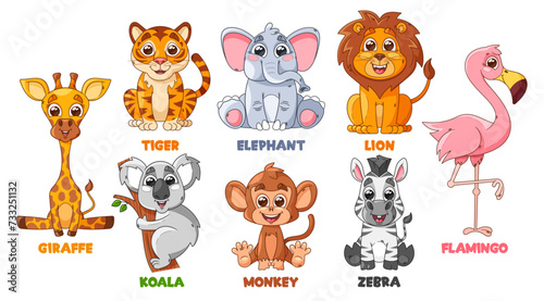 Cartoon African Animals Characters Vector Set. Giraffe, Tiger, Lion And Elephant, Koala, Monkey, Zebra Or Flamingo © Pavlo Syvak