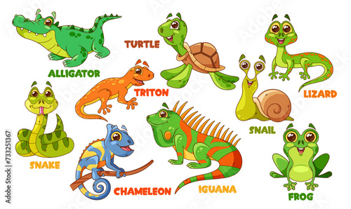 Fototapeta Naklejka Na Ścianę i Meble -  Cartoon Reptile Characters Isolated Vector Set. Alligator, Turtle, Snail And Snake, Triton, Chameleon, Iguana And Frog