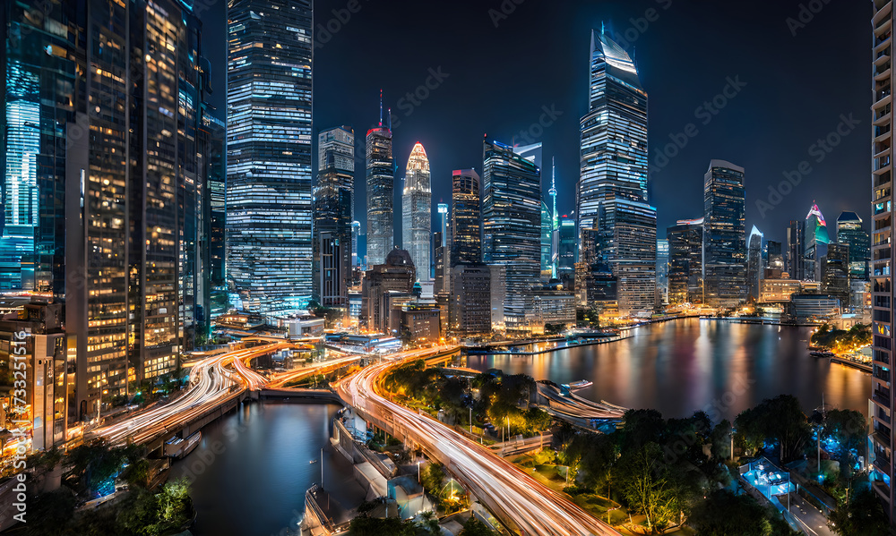 Naklejka premium Abstract cityscape at night with futuristic financial elements