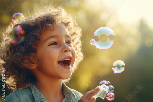 little girl rejoices with soap bubbles  wide smile  looks to the side  close-up