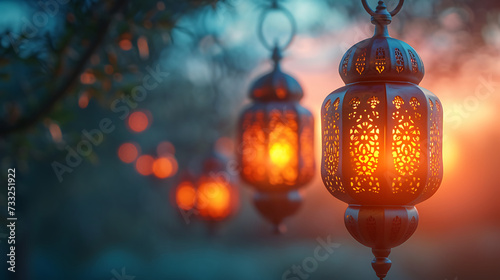 Ramadan lighted lantern orange color with bokeh blue color theme copy space AI Image Generative