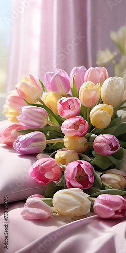 Delicate tulips of pastel colors on a pillow