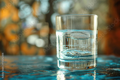 glass of water with splashes and splashes, soda drink with bubbles in motion, spilled drops on the surface, background with bokeh on the street