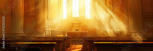 empty courtroom with columns, large windows with sun rays, orange light