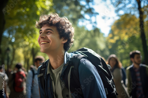 A young man wearing a smile walks joyfully through a park, exuding happiness and contentment.