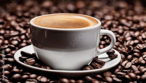 A cup of coffee with a foamy top sits on a plate with coffee beans