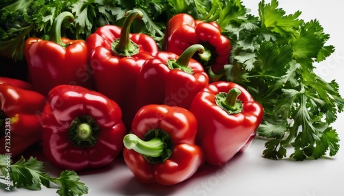 A bunch of red peppers on a white background