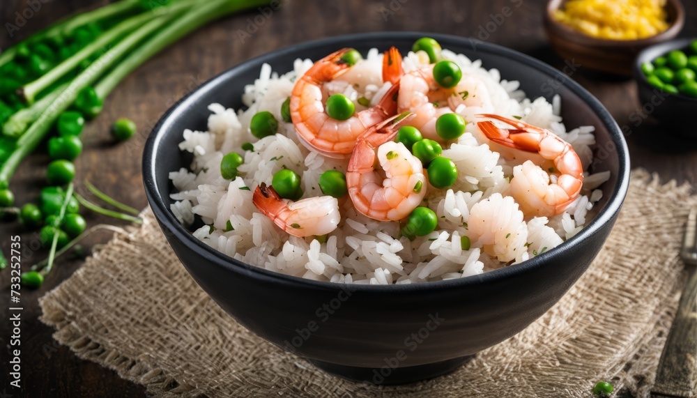 A bowl of rice with shrimp and peas