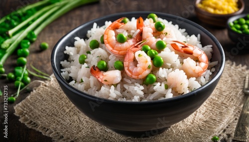 A bowl of rice with shrimp and peas