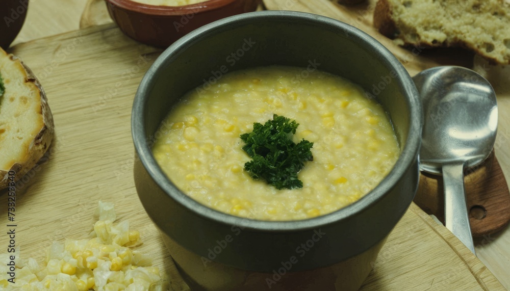 A bowl of corn soup with a spoon in it